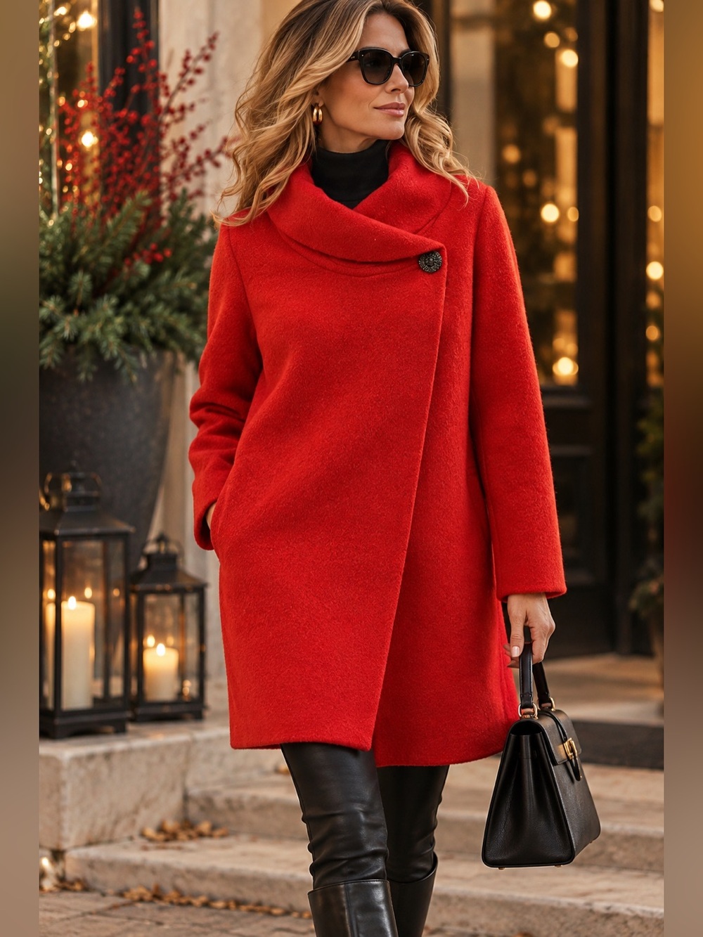 Red Shawl Collar Sweater Jacket with Brooch Button Closure True Red size 1X
